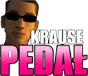 a man wearing sunglasses and the words `` krause pedal ''