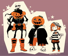 a drawing of a skeleton with a pumpkin on his head and a girl with a pumpkin on her head