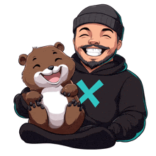 a cartoon of a man holding a teddy bear with an x on his sweatshirt