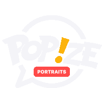 a logo for pop!ze portraits with a red button