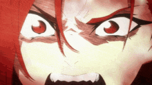 a close up of a cartoon character with red hair and white eyes