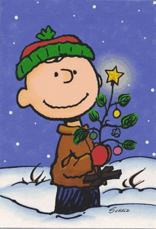 a drawing of charlie brown holding a christmas tree with a star on top