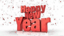 it is a 3d rendering of a happy new year message with confetti falling around it .