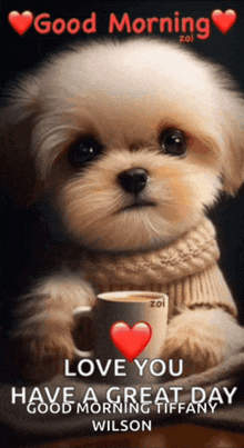 a puppy is holding a cup of coffee with a heart on it