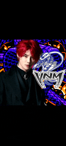 a young man with red hair is standing in front of a logo for vnm .