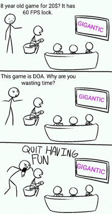 a black and white drawing of stick figures with one saying " this game is doa "