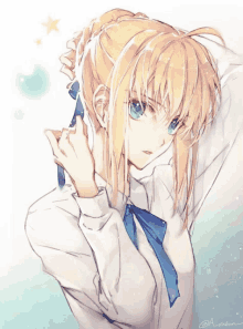 a drawing of a blonde anime girl with blue eyes and a blue bow tie