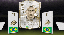 a ronaldo soccer card is displayed between two cards that say st