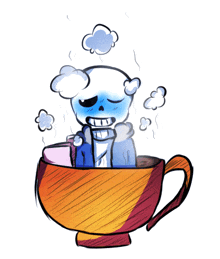 a drawing of a skeleton in a cup with steam coming out of his mouth