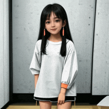 a little girl with long black hair is wearing a white shirt and black shorts