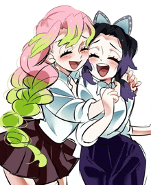 a drawing of a girl with pink hair and a girl with purple hair hugging each other