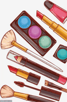 a drawing of various makeup products including lipsticks and eyeshadows