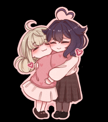 a drawing of two girls hugging each other with hearts on their arms