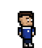 a pixel art of a man with his arms outstretched and a blue shirt .