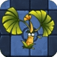 a cartoon character is sitting on a blue tile floor with a leaf .