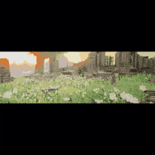 a video game scene with white flowers and a sunset in the background