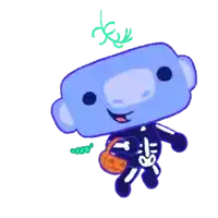 a cartoon character is dressed in a skeleton costume and holding a pumpkin