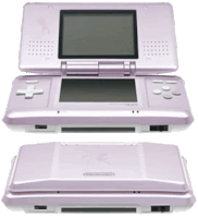 a pink nintendo ds is shown from the front and side