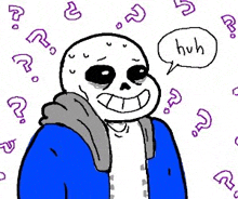 a cartoon of sans from undertale with a speech bubble and question marks around him .