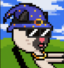 a pixel art of a pug wearing a purple hat and sunglasses