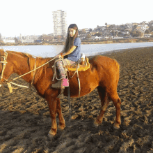 a young girl is riding a brown horse on a dirt beach