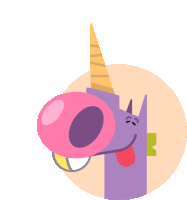 an illustration of a purple unicorn with a pink bubble gum in its mouth