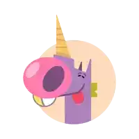 an illustration of a purple unicorn with a pink bubble gum in its mouth