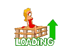 a cartoon of a woman sitting on a wooden pallet with the word loading below her