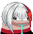 a pixel art drawing of a person with white hair and a red scarf .