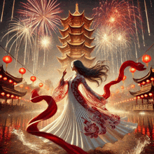 a woman in a red and white dress is dancing in front of a fireworks display