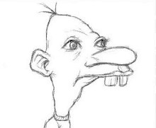 a black and white drawing of a cartoon character 's face with a big nose and teeth .