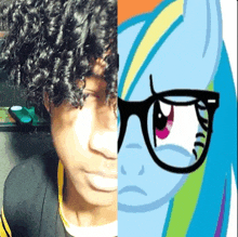 a girl with curly hair is next to a picture of a pony wearing glasses