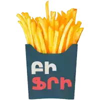 a blue container of french fries with the letters eh on it