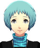 a girl with blue hair and a black turtleneck