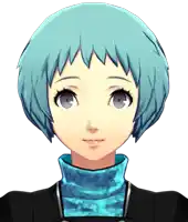 a girl with blue hair and a black turtleneck