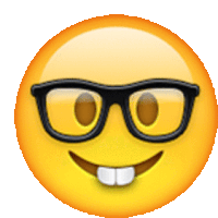 a yellow smiley face wearing glasses and a big smile