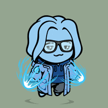 a cartoon of a person wearing glasses and a blue jacket