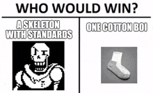 a skeleton with standards and a cotton boi are standing next to each other on a white background .