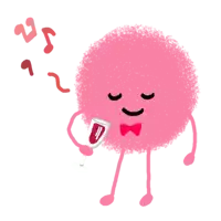 a pink cartoon character with a bow tie is holding a glass