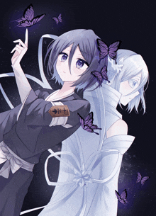 a black and white anime girl with purple butterflies around them