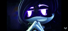 a close up of a cartoon character 's face with a purple mask on