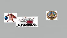 a bowling alley strike logo is surrounded by cartoon characters