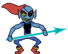 a pixel art drawing of a monster holding a blue arrow