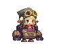 a pixel art of a girl wearing a hat and goggles sitting on a robot .