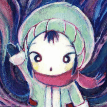 a painting of a girl with a scarf around her neck and a green hat