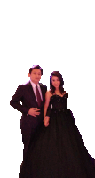 a man in a suit and tie stands next to a woman in a black gown