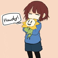 a drawing of a girl holding a flower with the word howdy above her