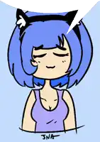 a drawing of a girl with blue hair and a speech bubble that says jna on it