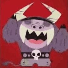 a cartoon monster with horns and a skull on his belt is standing on a red background .