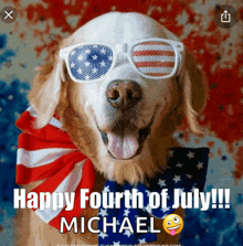 a picture of a dog wearing sunglasses and a scarf that says happy fourth of july michael